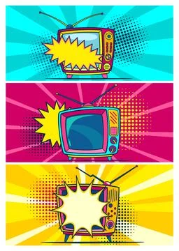 Comic retro tv set on halftone and dots backdrop. Vector colorful background in 库存插图