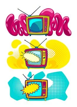 Comic retro tv set on halftone and dots backdrop. Vector colorful background in 库存插图