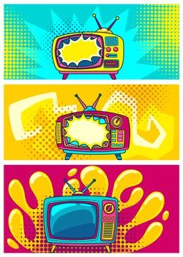 Comic retro tv set on halftone and dots backdrop. Vector colorful background in Stock Illustration