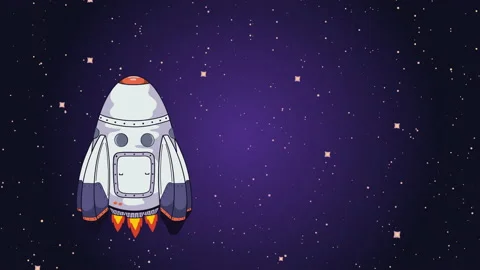 Comic rocket in purple starry space background in 4k video. Stock Footage 147851677