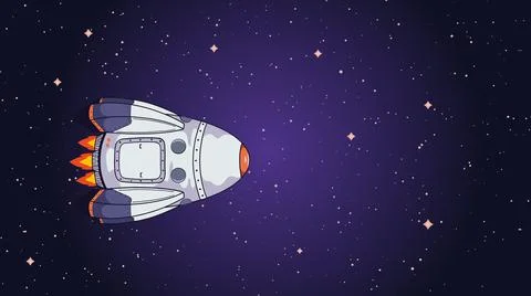 Comic rocket in purple starry space background illustration. Illustrazione stock