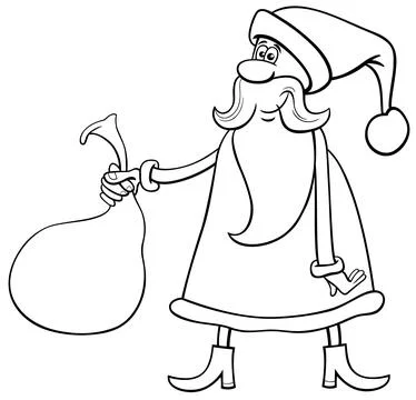 Comic Santa Claus character with sack of gifts coloring page Stock Illustration