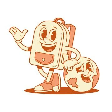 Comic schoolbag and globe cartoon character friends back to school isometric  Illustrazione stock