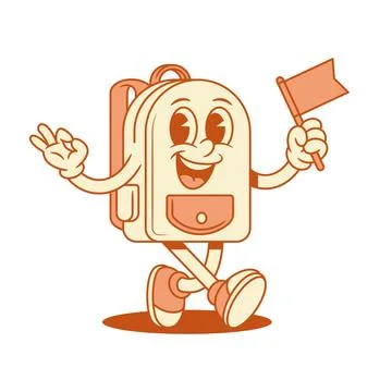 Comic schoolbag back to school cartoon character with flag isometric vector i Stock Illustration