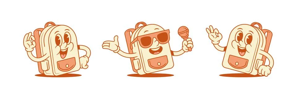 Comic schoolbag back to school cartoon character set isometric vector illustr Stock Illustration