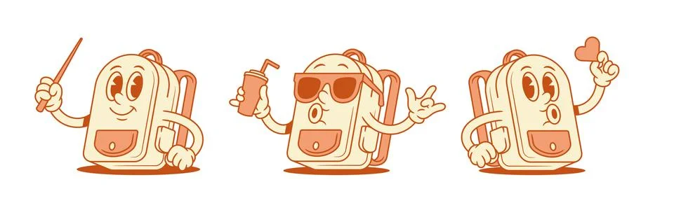 Comic schoolbag back to school cartoon character set isometric vector illus.. Stock Illustration