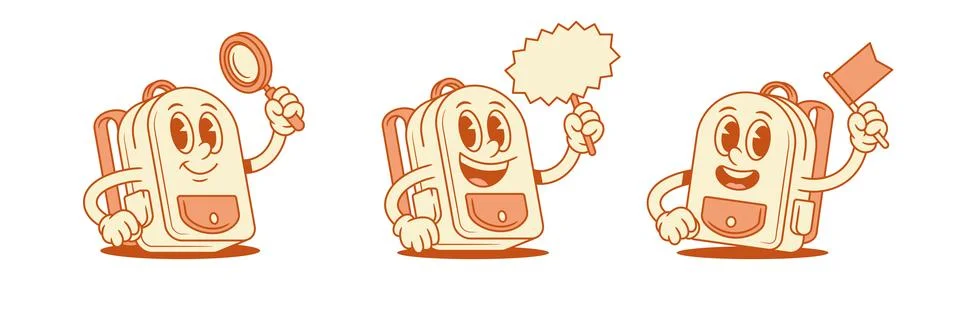 Comic schoolbag back to school cartoon character set isometric vector illustr Stock Illustration