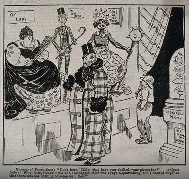 A comic sketch of a manager of a penny show and various characters he is ex.. Stock Illustration