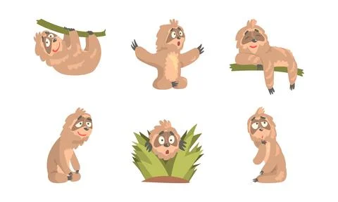 Comic Sloth Hanging in the Tree and Sitting Vector Set Illustrazione stock