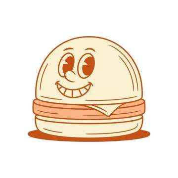 Comic smiling burger cartoon character positive personage contoured vector fl Stock Illustration