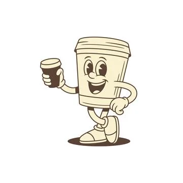 Comic smiling coffee paper cup cartoon character with drink contoured vecto.. Stock Illustration