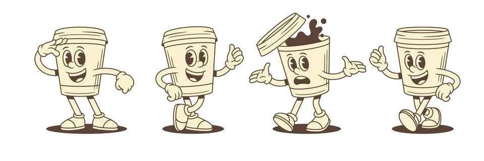 Comic smiling coffee paper cup cartoon character set contoured vector flat il Stock Illustration