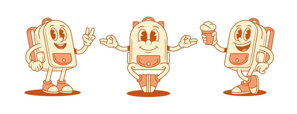 Comic smiling schoolbag backpack cartoon character set isometric vector ill.. イラスト素材