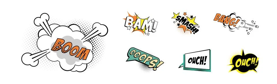 Comic Sound Effect and Pop Art Cloud Vector Set Stock Illustration