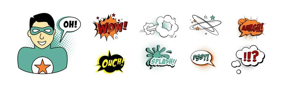 Comic Sound Effect in Pop Art Style with Superhero Vector Set Illustrazione stock