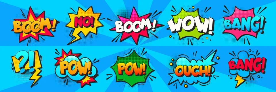 Comic sound effect speech bubbles Stock Illustration