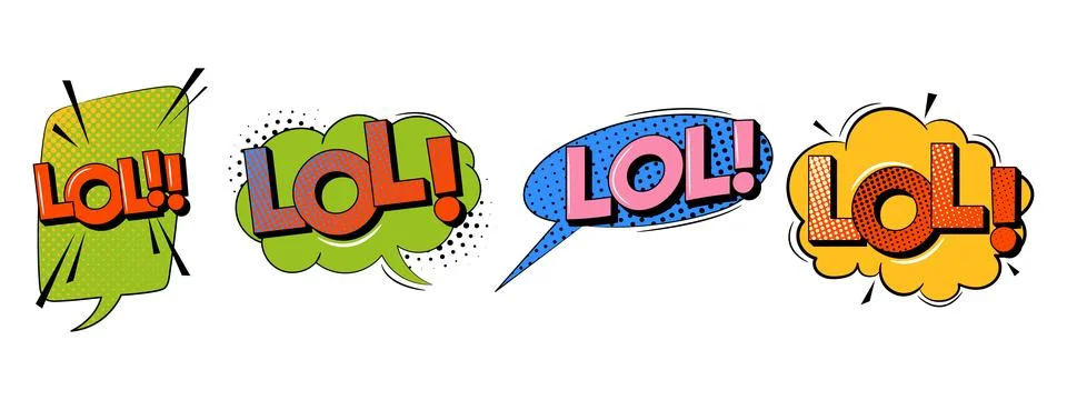 Comic sound speech effect bubble set in trendy retro style. Lol text. Stock Illustration
