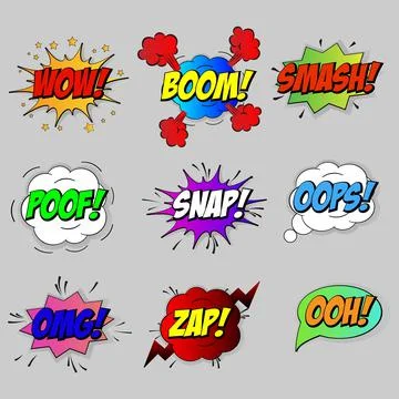 Comic sound speech effect bubbles set isolated on white backgrou for your des Stock Illustration