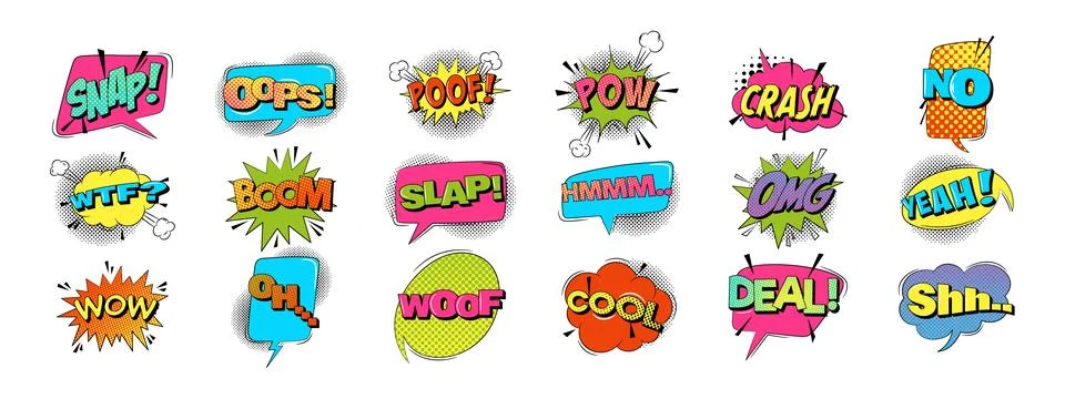 Comic sound speech effect bubbles set in trendy retro style Stock Illustration