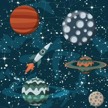 Comic space with planets and spaceships. Rocket cartoon, star and science design Stockillustratie