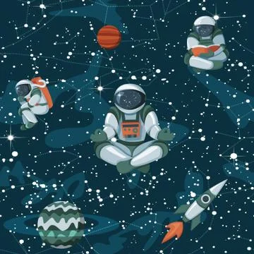 Comic space with stars, funny astronauts and spaceships seamless pattern 스톡 일러스트