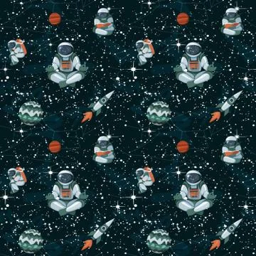 Comic space with stars, funny astronauts and spaceships seamless pattern Illustration