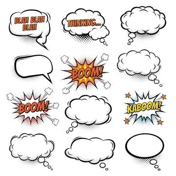 Comic Speech and Thought Bubble Set with Boom Effects Illustration Illustrazione stock