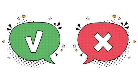 Comic speech bubble with cross and check mark icons. Vector bright dynamic Stock Illustration