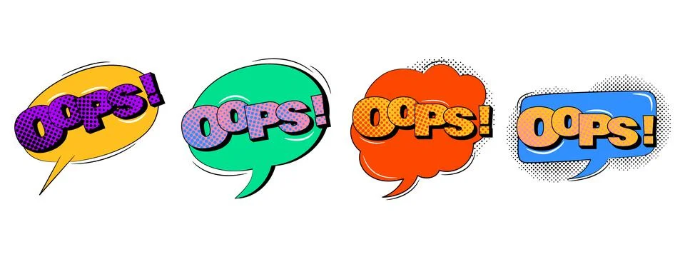 Comic speech bubble with different text in trendy retro style. Oops text. Stock Illustration