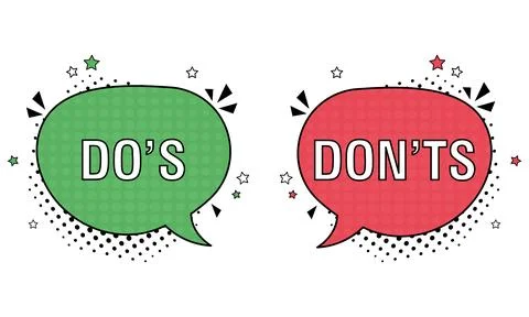 Comic speech bubble with do's and don'ts icons. Vector bright dynamic cartoon Stock Illustration