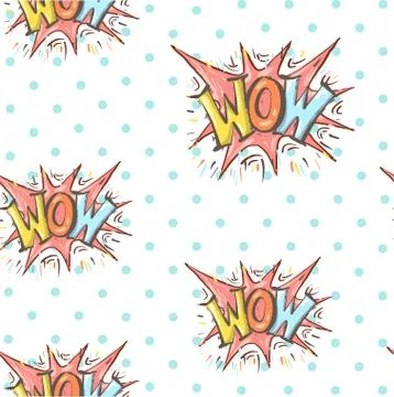 Comic speech bubble explosion WOW seamless pattern. Vector bright dynamic Stock Illustration