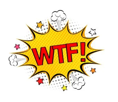 Comic speech bubble with expression text WTF, stars and clouds. Vector bright Stock Illustration