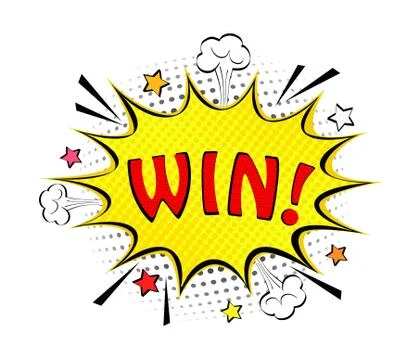 Comic speech bubble with expression text Win! Vector bright dynamic cartoon i Stock Illustration