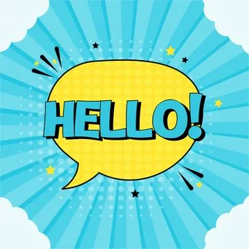 Comic speech bubble with expression text hello. Vector bright dynamic cartoon Stock Illustration