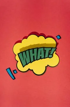Comic speech bubble with expression text what red backdrop Stockfoto's