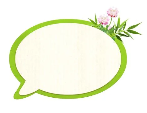 Comic speech bubble from recycled material, flower and leaves. Sustainable .. Stock Photos