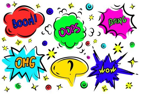 Comic speech bubble set with text boom, oops, sound expression of emotion bang Illustrazione stock