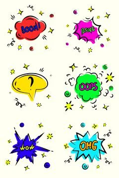 Comic speech bubble set with text boom, oops, sound expression of emotion bang Illustrazione stock