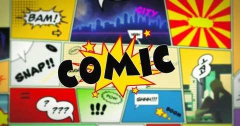 Comic speech bubble text in the foreground of colorful comic strip Stock Illustration
