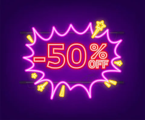 Comic speech bubbles with 50 percent OFF Sale Discount . Neon itch icon. Symbol Stock Illustration