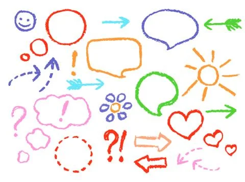 Comic speech bubbles and arrow set. Colorful crayon hand drawn pastel chalk Stock Illustration