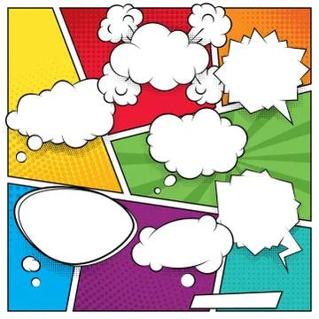 Comic speech bubbles and colored halftone backgrounds Illustrazione stock