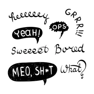 Comic speech bubbles and emotion words. Text hey, ops, grrr, yeah, sweet, bor Stock Illustration
