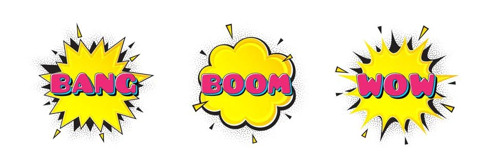 Comic speech bubbles with Bang, Boom and Wow tags. Pop art surprise expression Stock Illustration