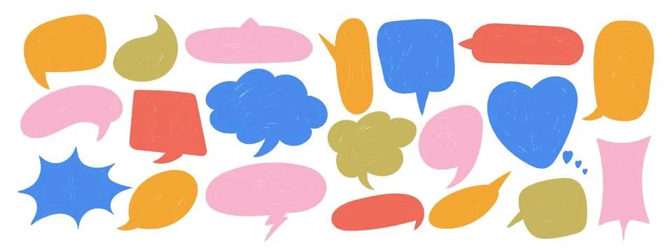 Comic speech bubbles with crayon texture. Hand drawn doodle style talk and .. Stock Illustration