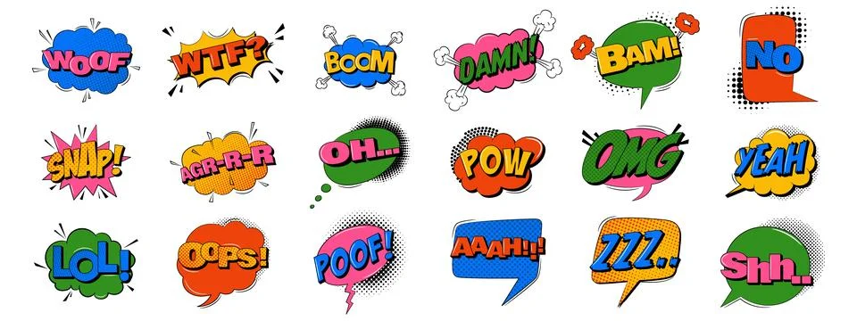 Comic speech bubbles with different text in trendy retro style Stock Illustration