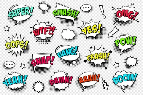 Comic speech bubbles with halftone shadow and text phrase. Vector hand drawn Stock Illustration