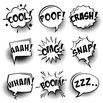 Comic speech bubbles with halftone shadows and text isolated on white background 스톡 일러스트