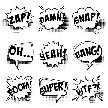 Comic speech bubbles with halftone shadows and text isolated on white background Stock Illustration