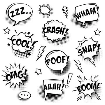 Comic speech bubbles with halftone shadows and text isolated on white background Stock Illustration